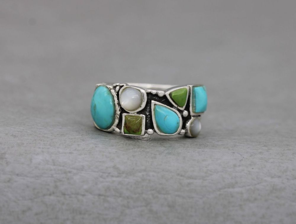 Sterling silver, turquoise & mother of pearl ring