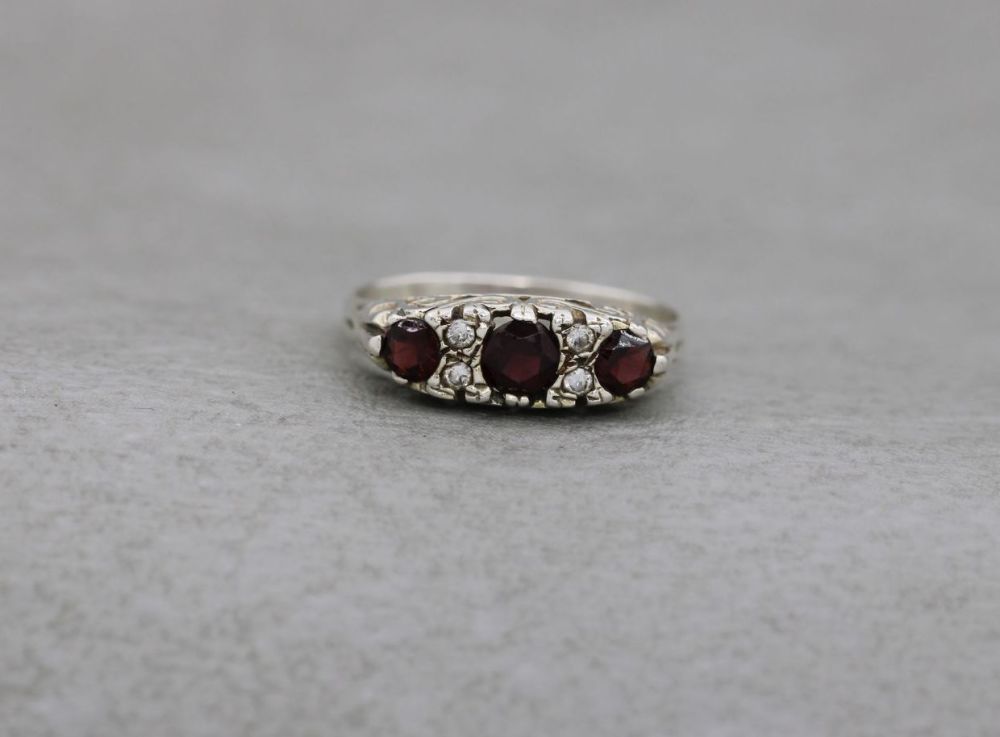 Vintage silver, garnet & clear stone gypsy ring