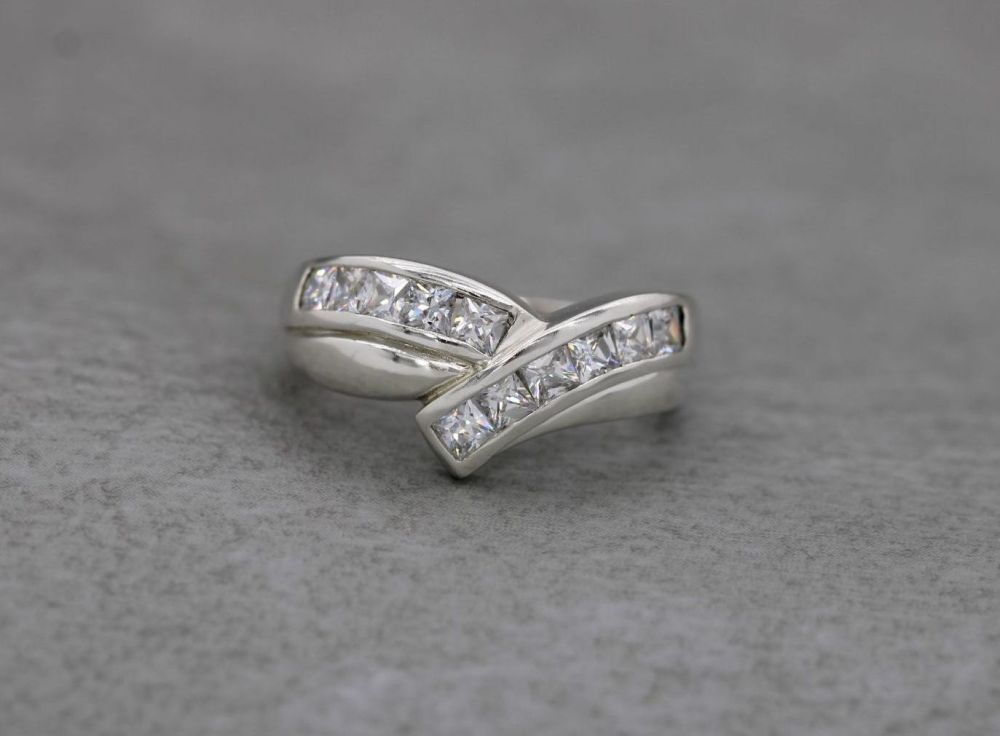 Bold sterling silver wishbone ring with square stones