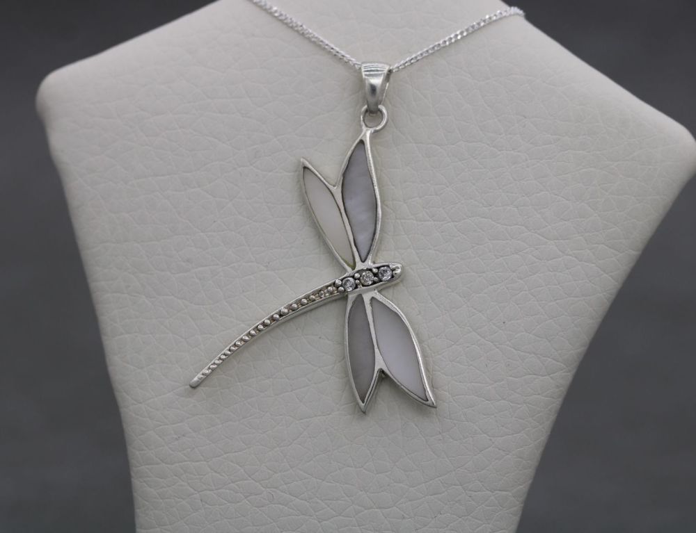 Sterling silver & mother of pearl dragonfly necklace with clear stone detail