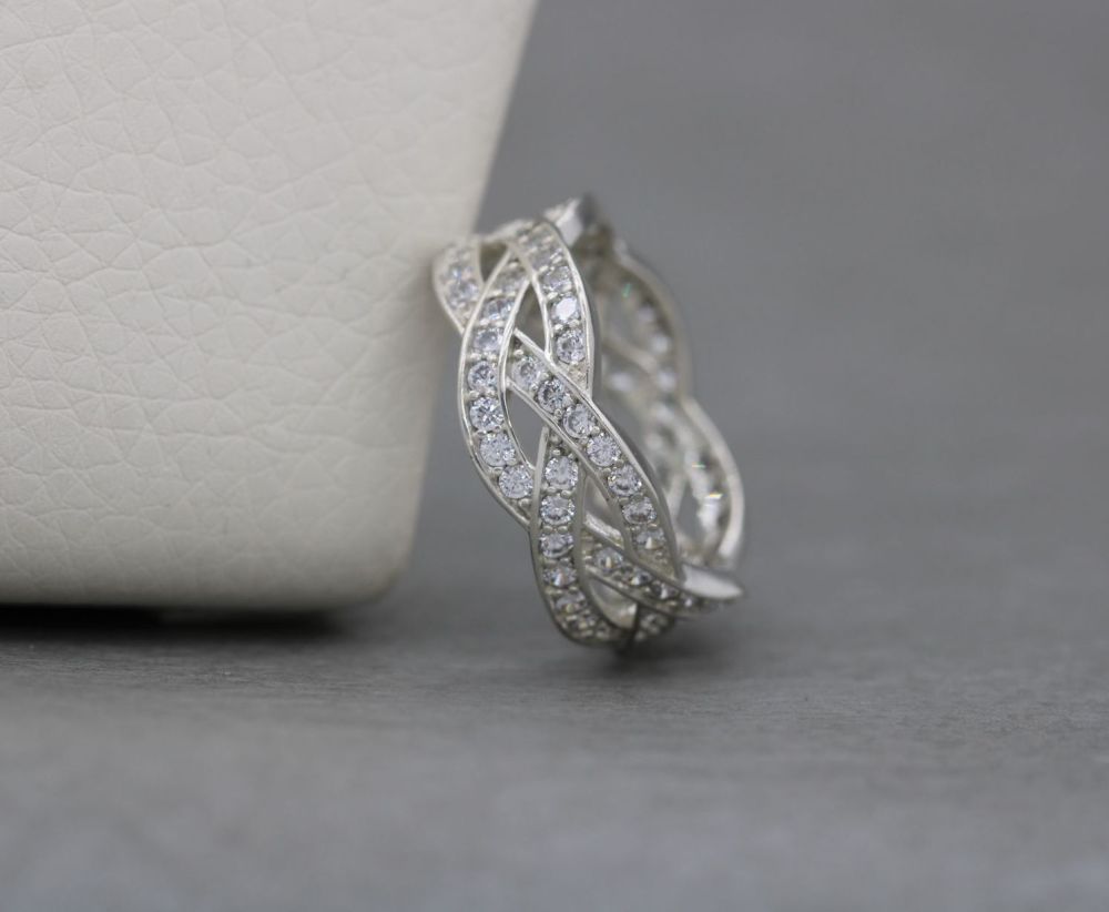 Sterling silver & clear stone woven band ring