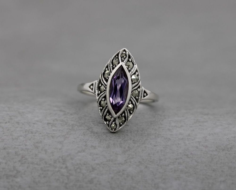 Sterling silver, amethyst & marcasite ring