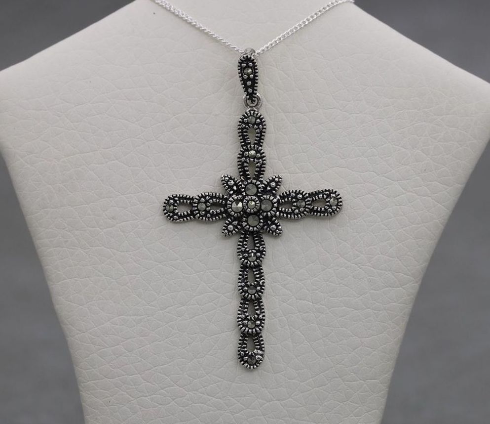 Fancy sterling silver & marcasite cross necklace