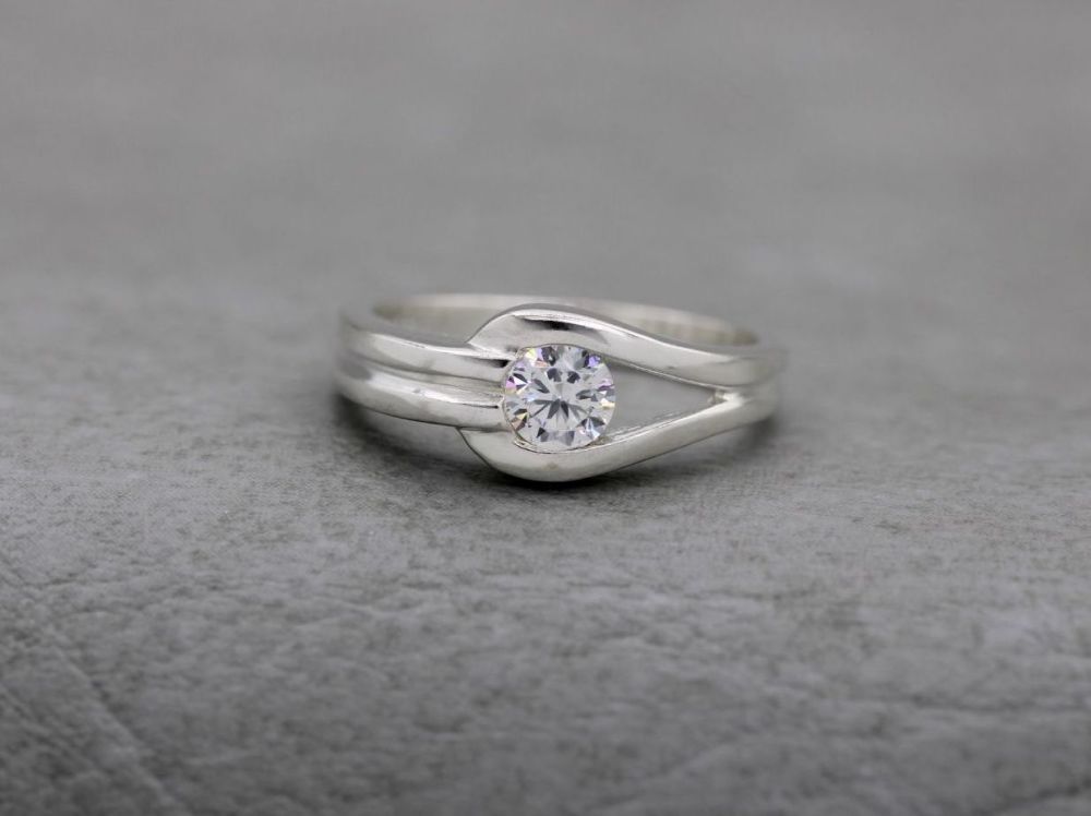 Sterling silver & clear stone buckle inspired ring