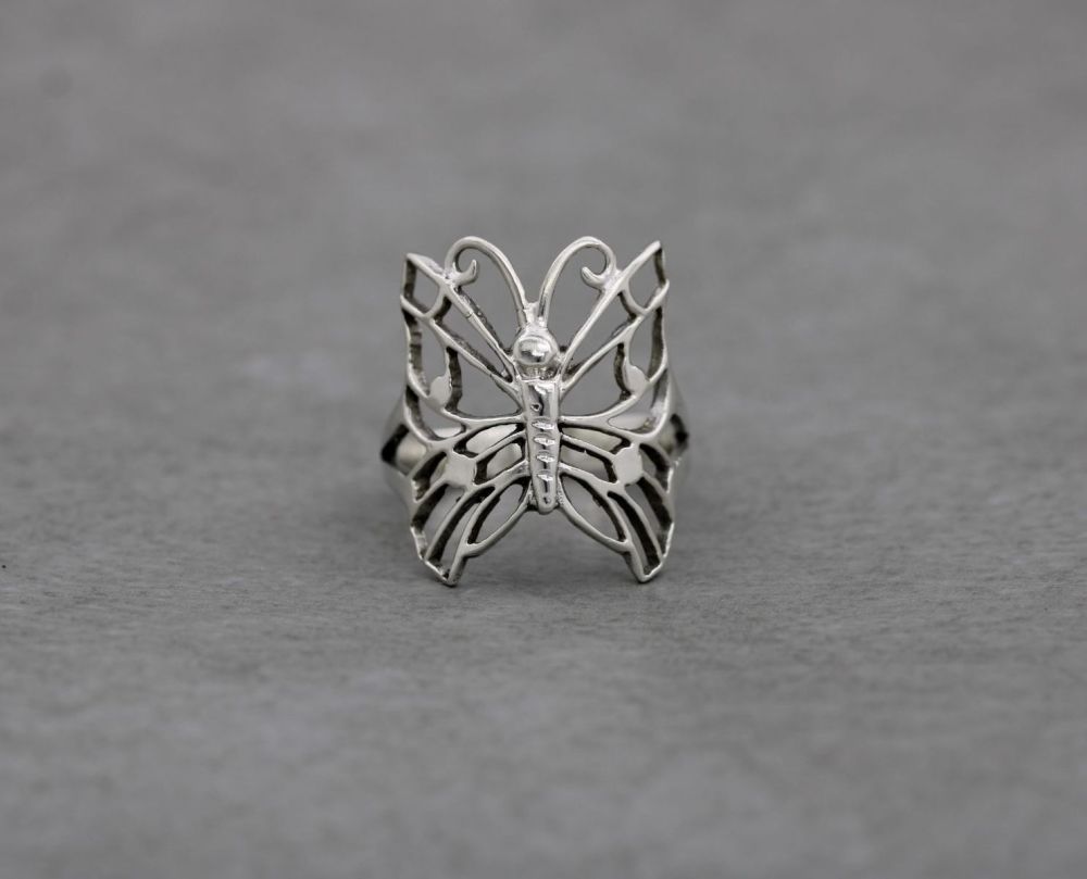 Wide sterling silver cut-out butterfly ring