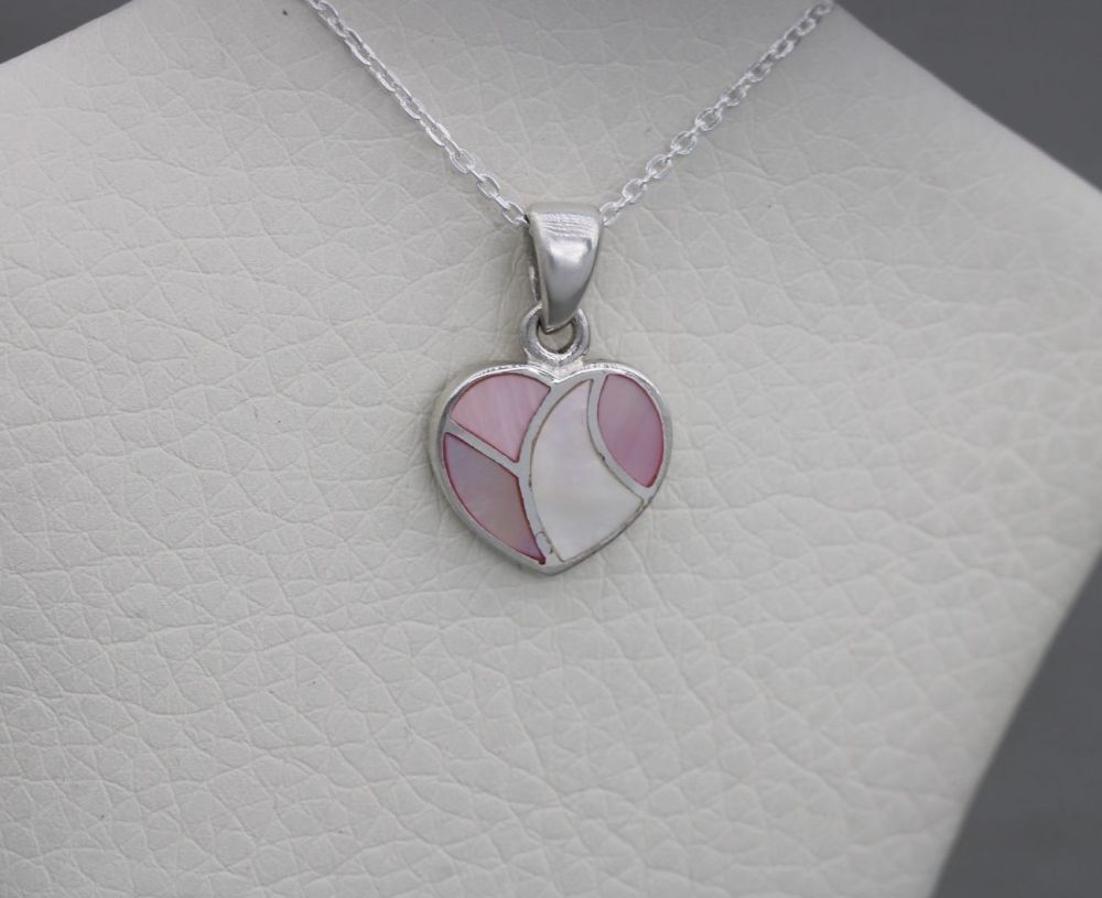 Small sterling silver & pink mother of pearl heart necklace