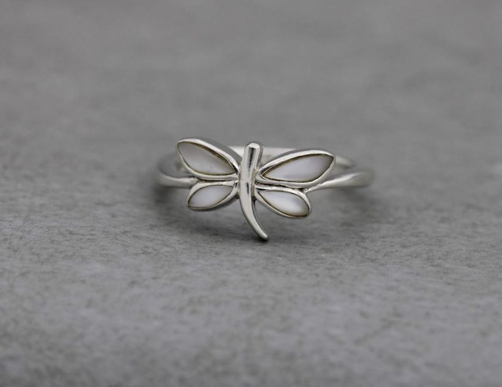 Sterling silver & mother of pearl dragonfly ring