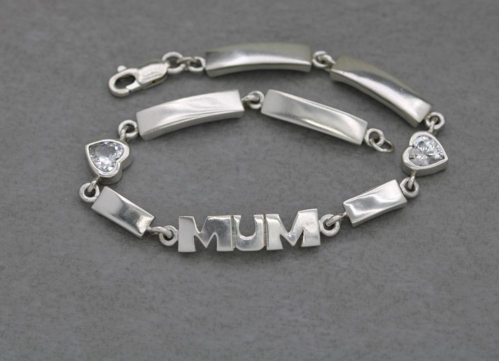 Sterling silver 'MUM' bracelet with clear heart stones