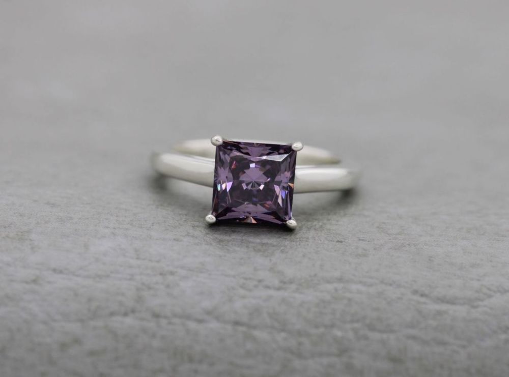 Sterling silver & square purple stone solitaire ring