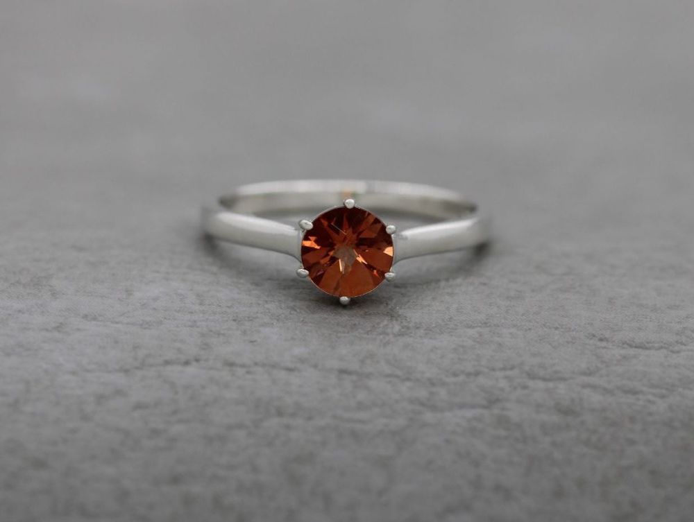 Sterling silver & faceted orange stone solitaire ring