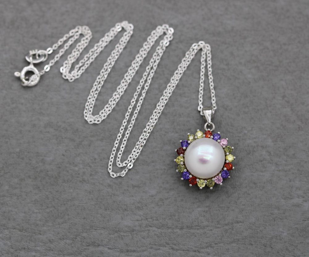 Sterling silver, freshwater pearl & rainbow stone necklace