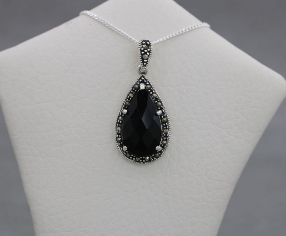 Sterling silver, marcasite & faceted black stone necklace
