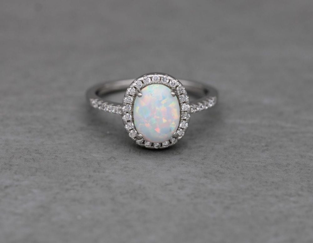 Sterling silver, imitation opal & clear stone ring