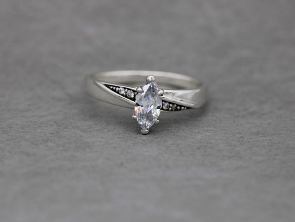 Sterling silver & clear marquise stone ring with accents