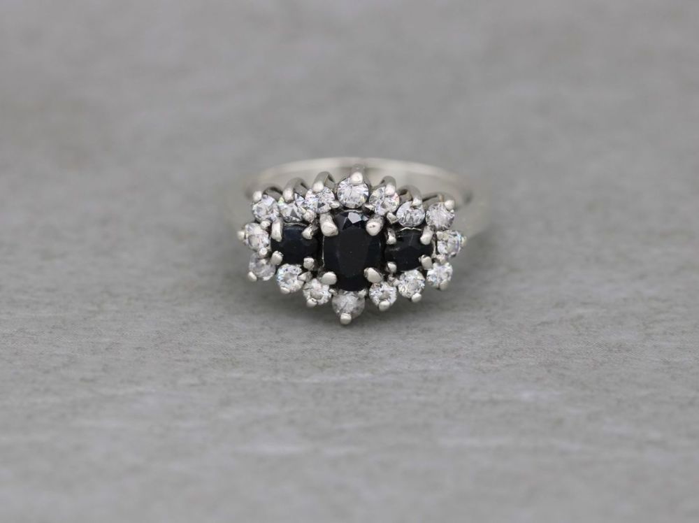 Sterling silver, deep blue sapphire & clear stone cluster ring