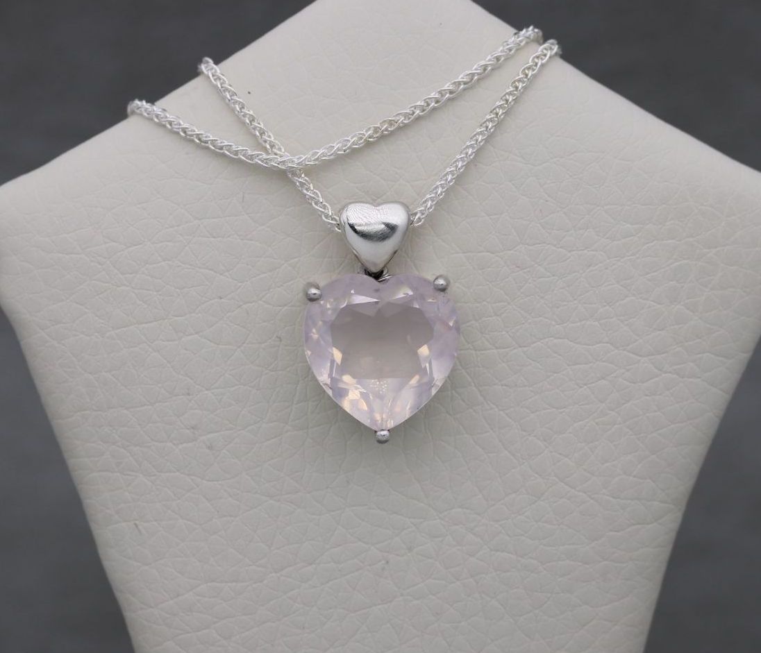 Sterling silver & very pale pink quartz heart necklace