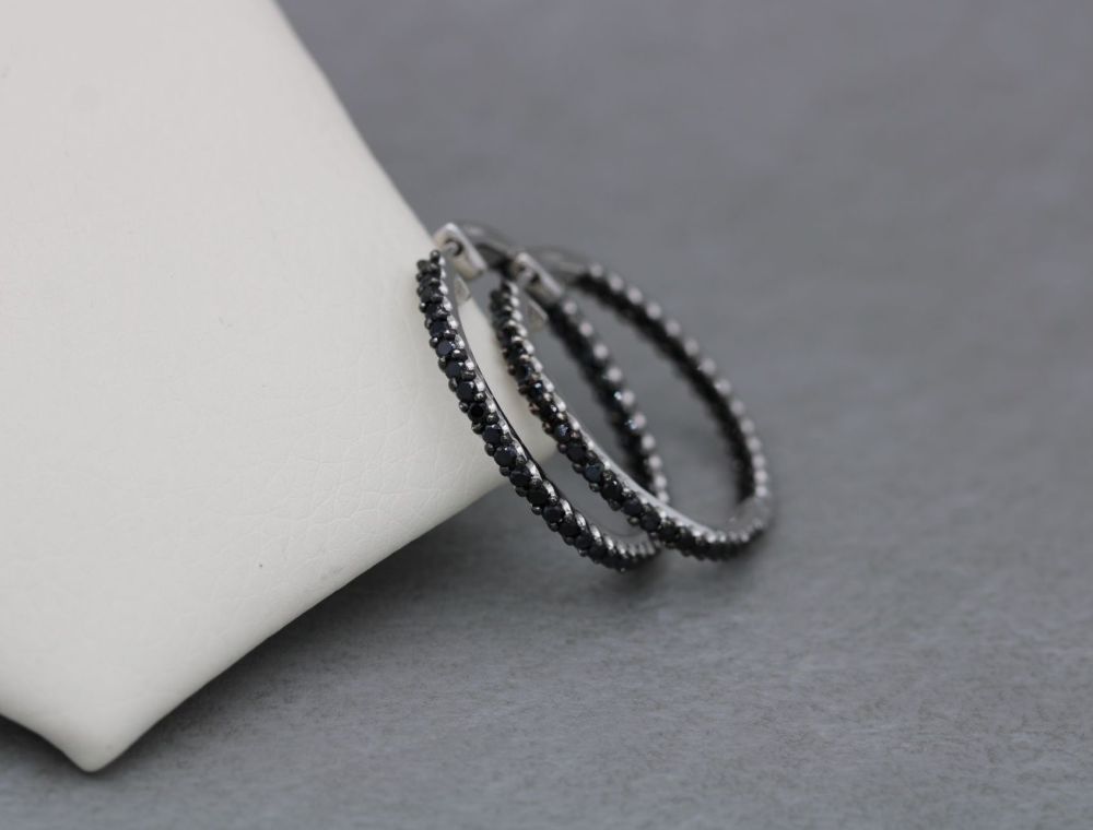 Sterling silver & black stone hoop earrings