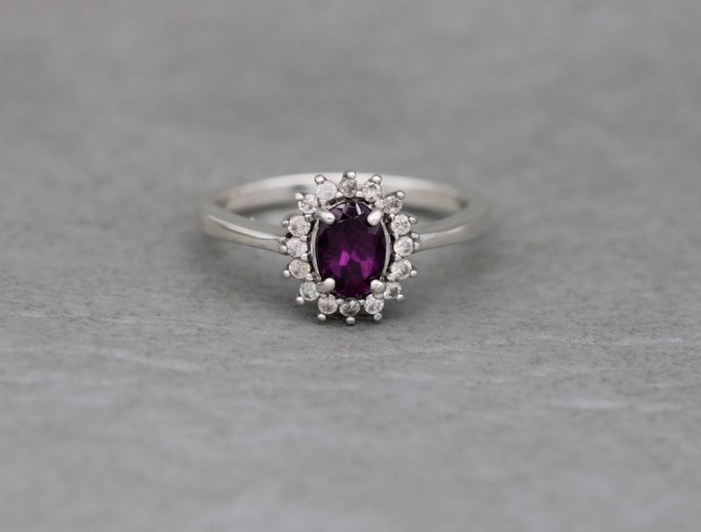 Sterling silver cluster ring with purple & clear stones