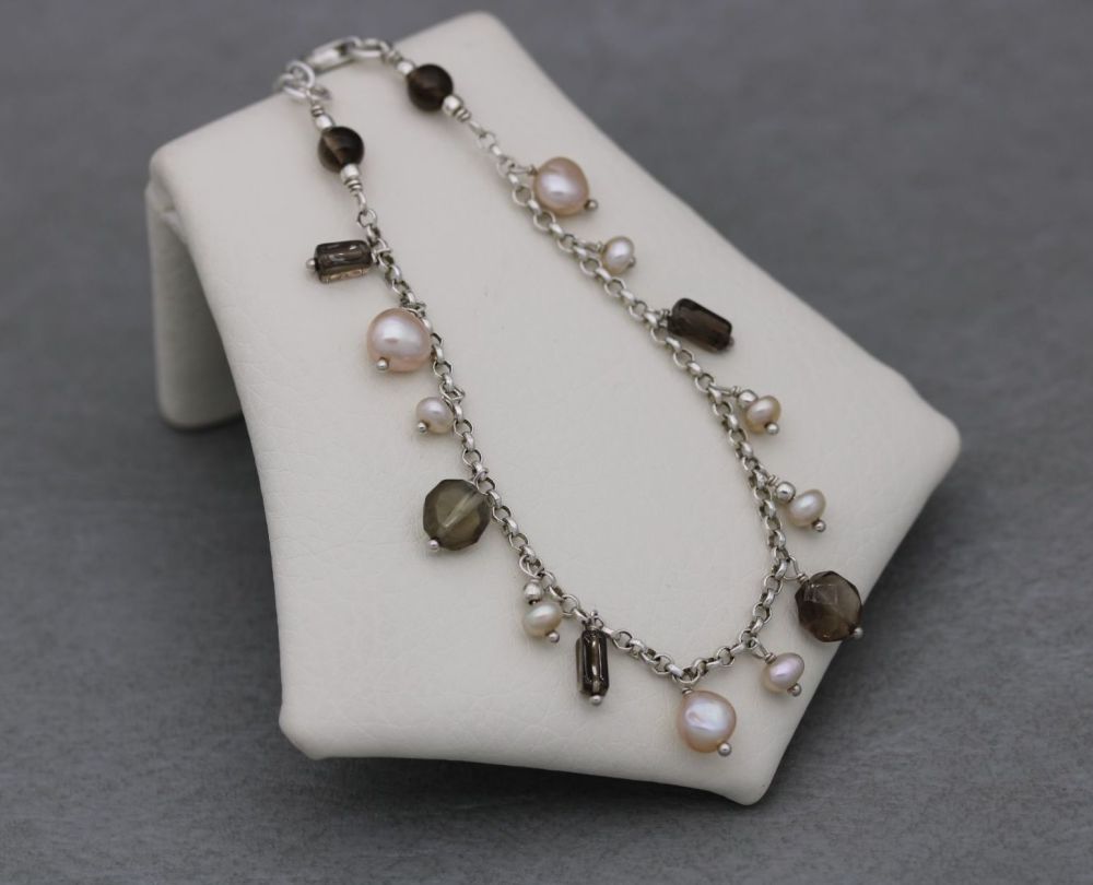 Sterling silver, brown bead & freshwater pearl bracelet