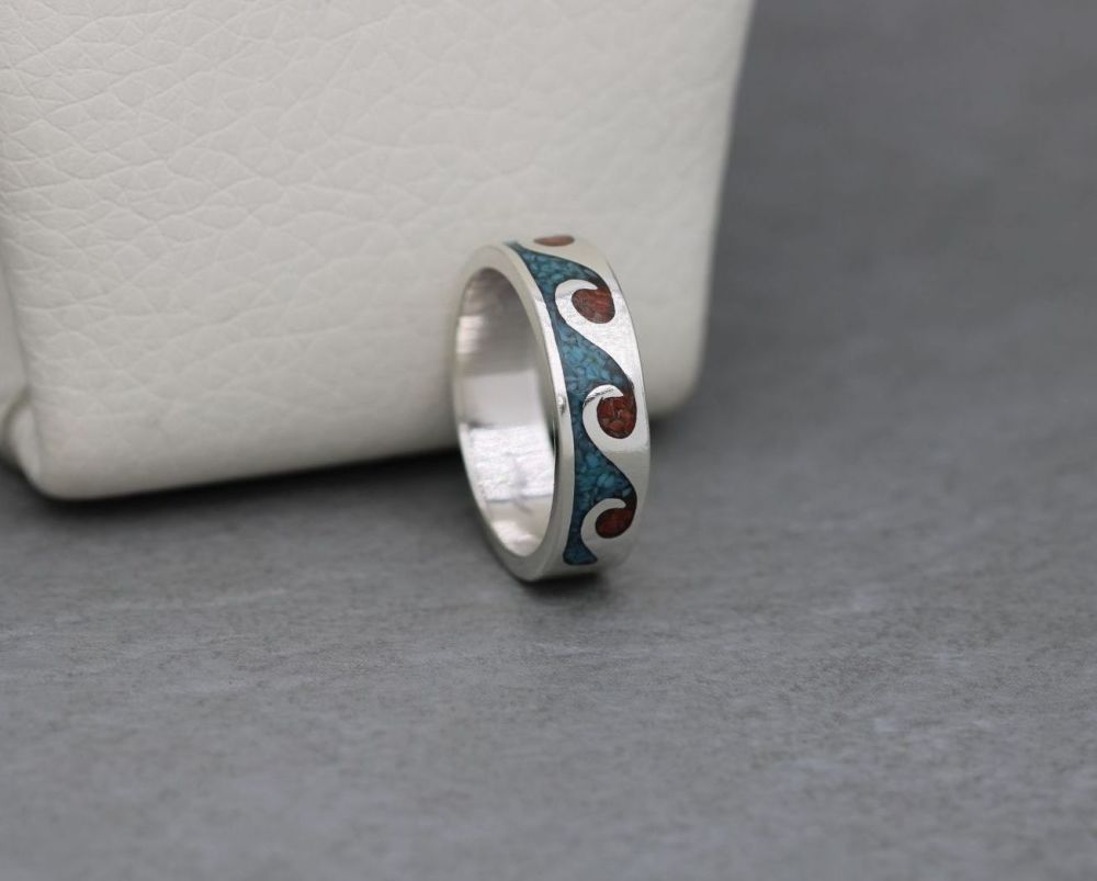 NEW South western sterling silver ring band with crushed coral & turquoise inlay (N)