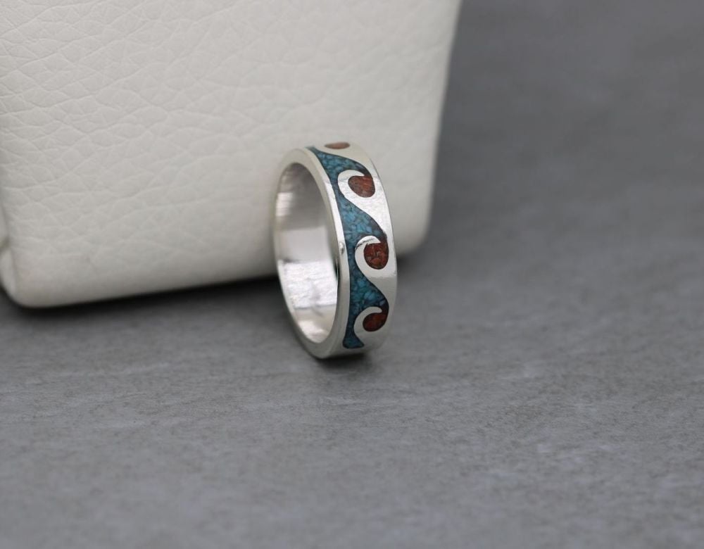 NEW South western sterling silver ring band with crushed coral & turquoise inlay (W)