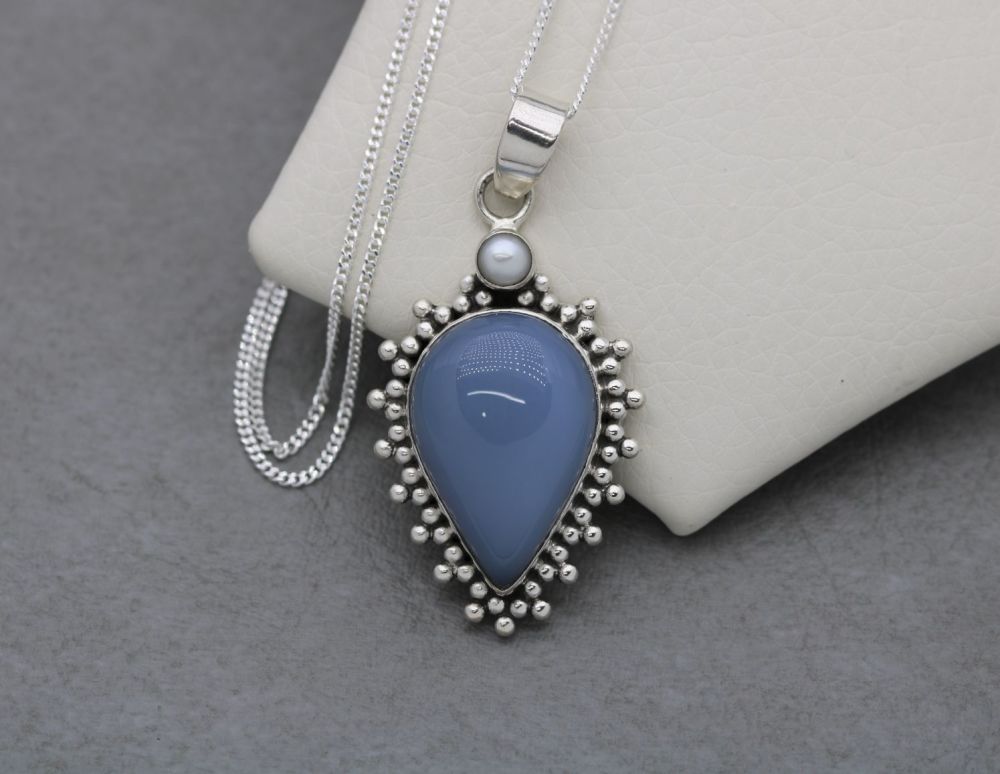 Sterling silver, powder blue chalcedony & freshwater pearl necklace