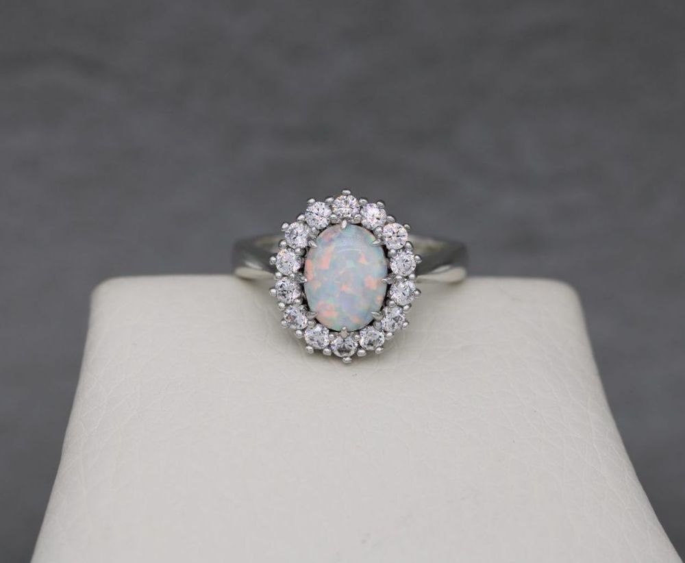 Sterling silver, opal & clear stone cluster ring