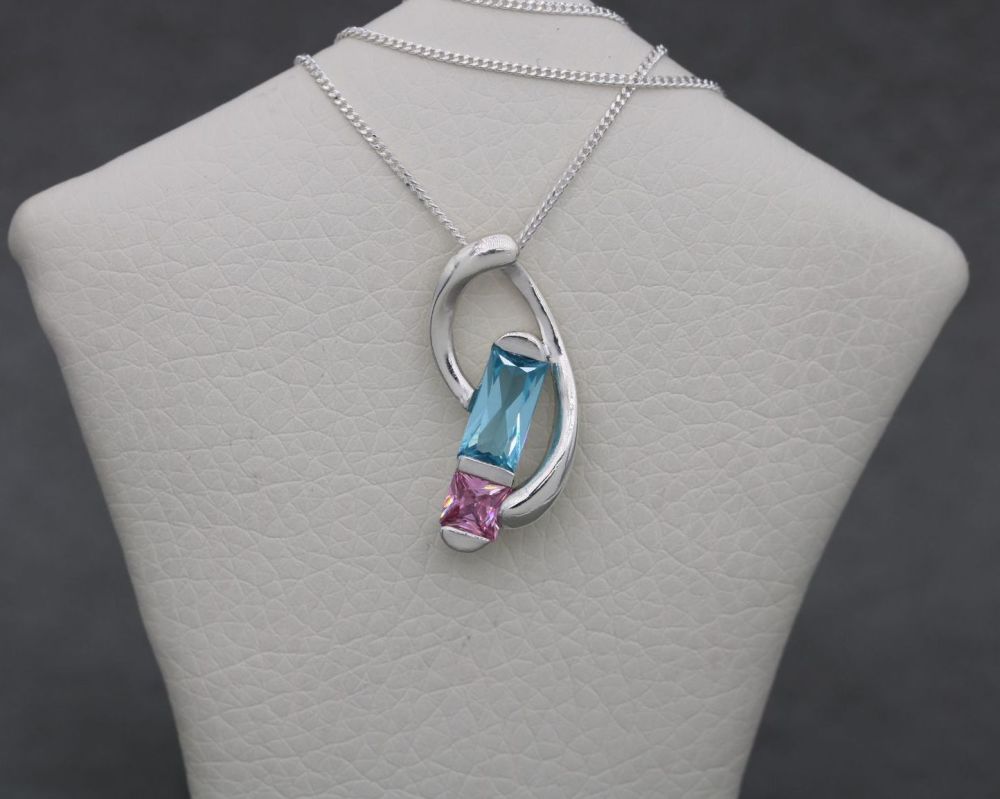 Asymmetric sterling silver necklace with pink & blue stones