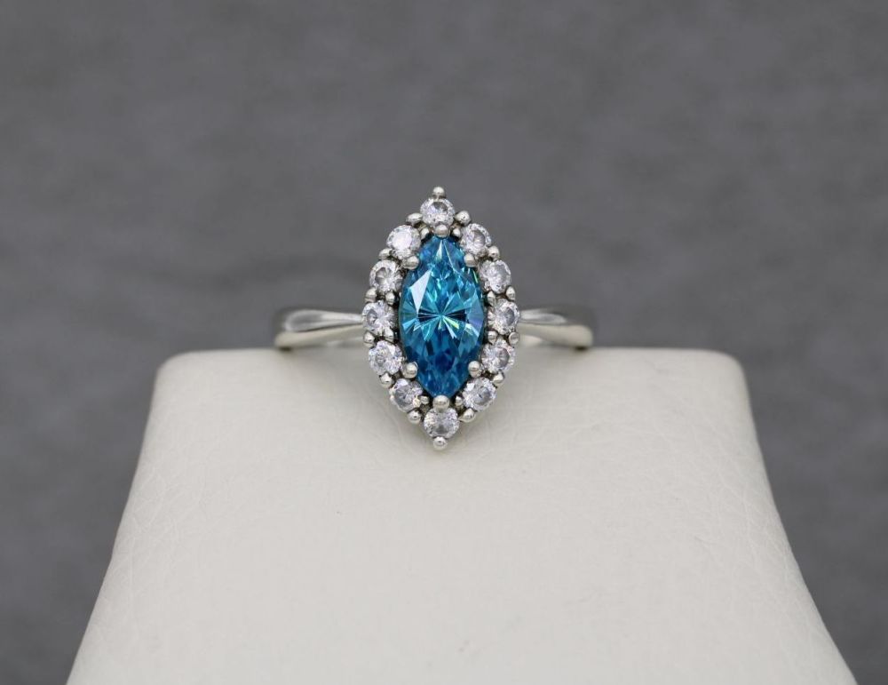 Sterling silver marquise cluster ring with blue & clear stones