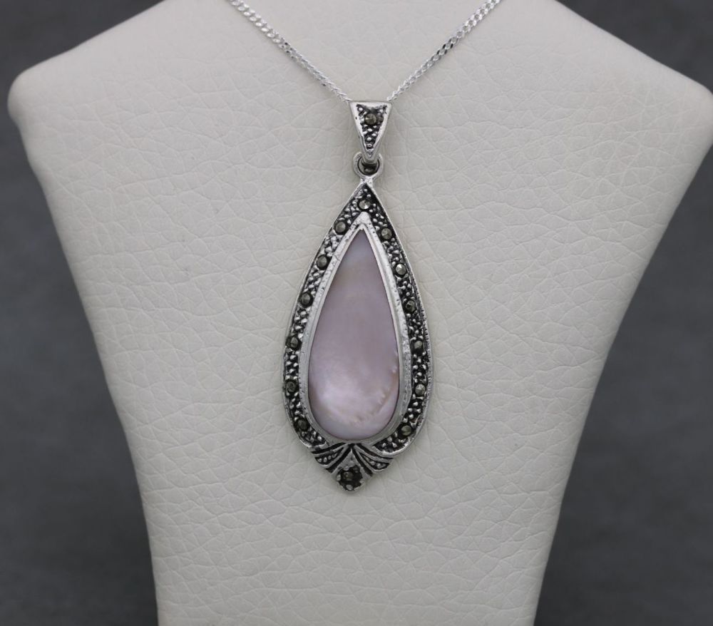 Sterling silver, pink mother of pearl & marcasite necklace