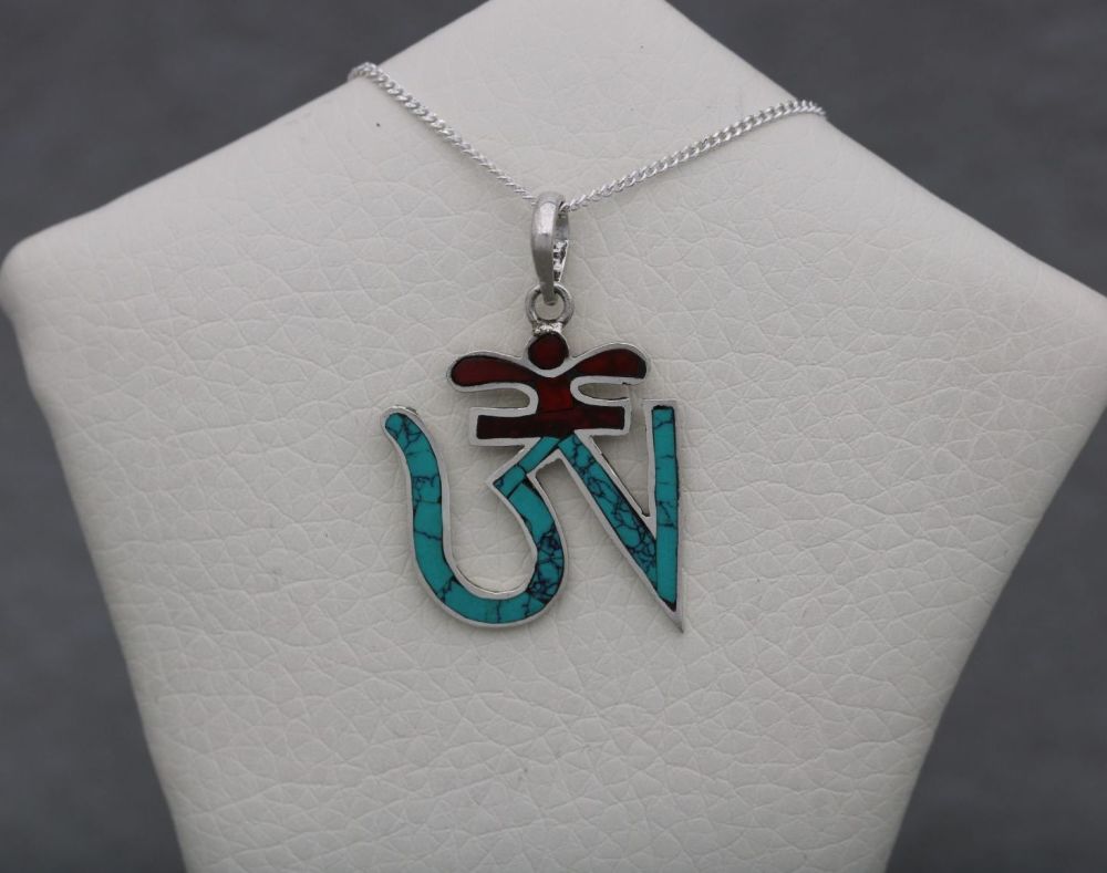Sterling silver symbol necklace with red & blue inlay