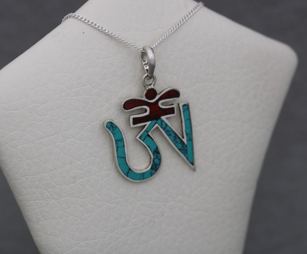 REFURBISHED Sterling silver symbol necklace with red & blue inlay