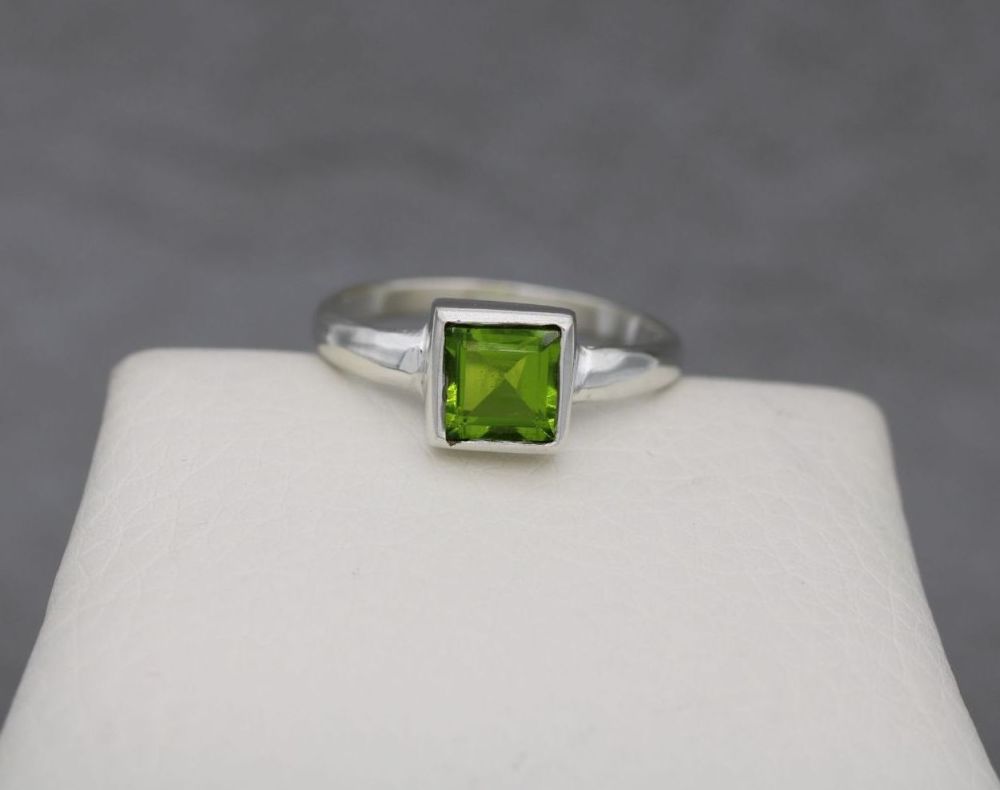 Square sterling silver & green stone solitaire ring