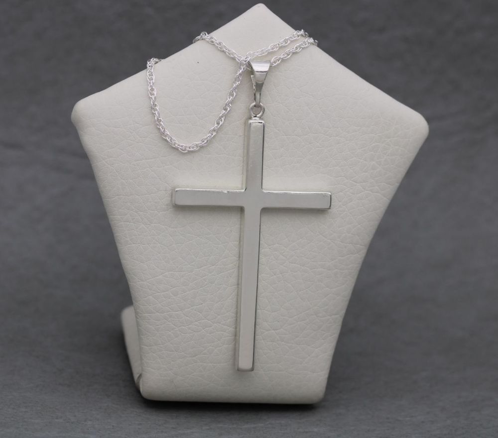 Large solid sterling silver plain cross necklace