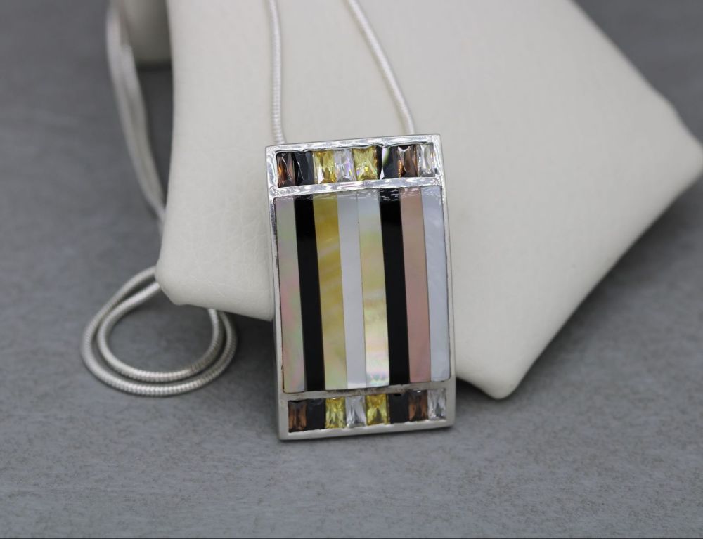 Bold sterling silver necklace with mother of pearl & coloured rectangular s