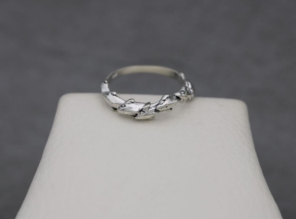 Sterling silver chased dolphins ring