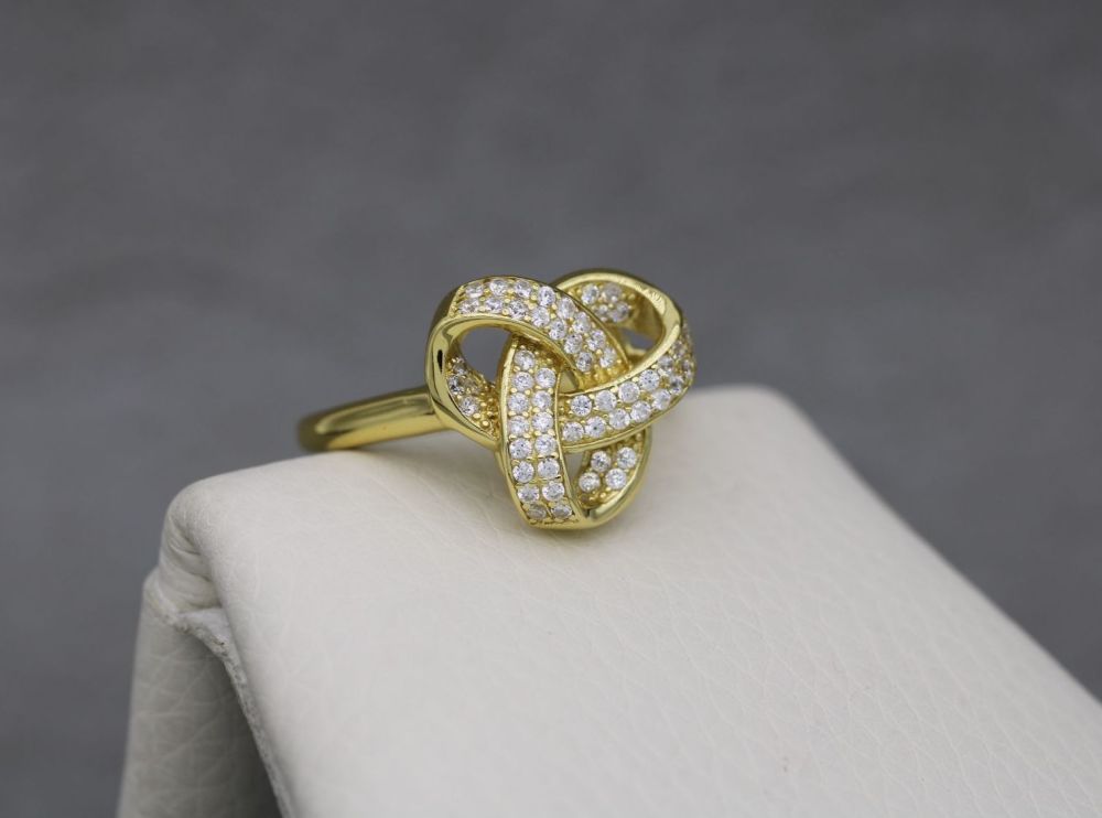 REFURBISHED Gold plated sterling silver knot ring with tiny clear stones (R)