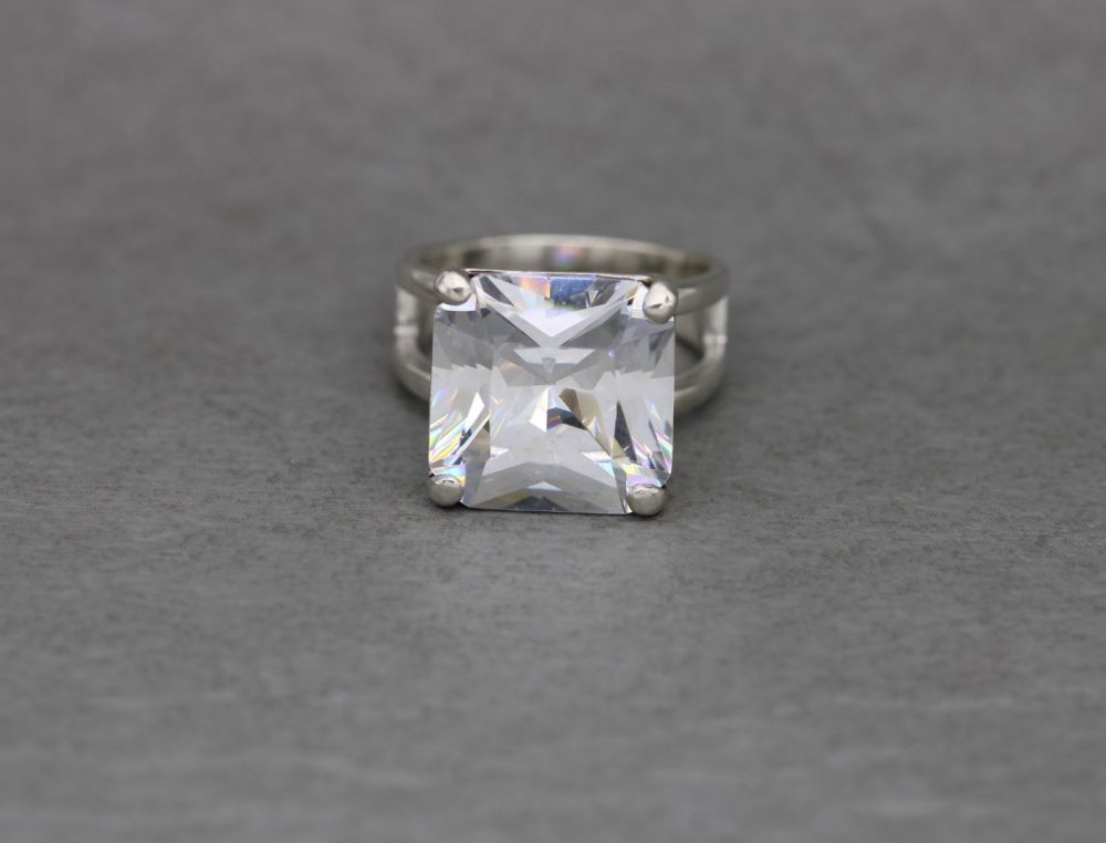 Statement sterling silver & clear square stone solitaire ring