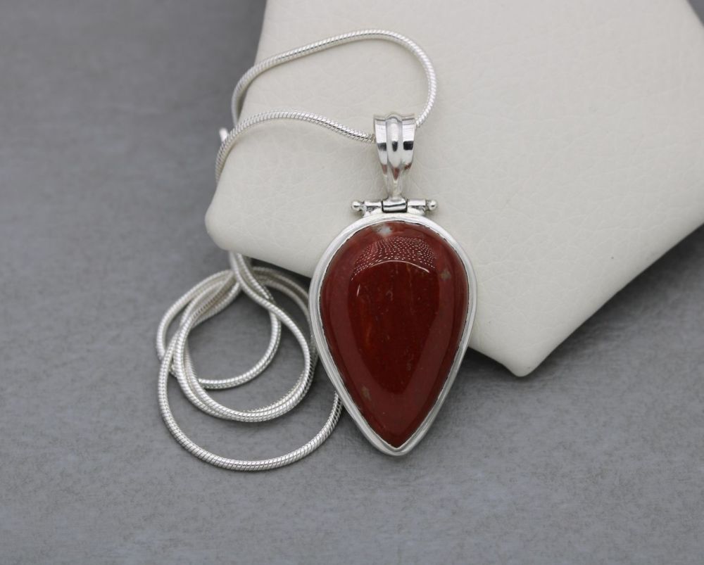 Sterling silver & deep terracotta red jasper teardrop necklace