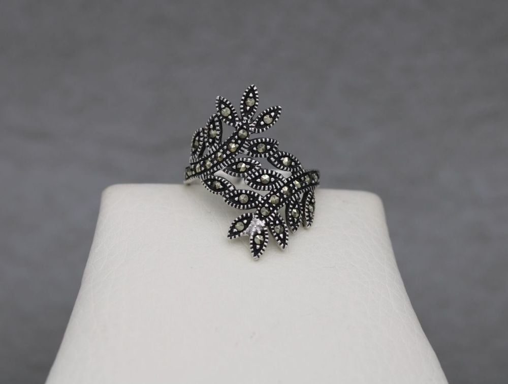 Long sterling silver & marcasite leafy bypass ring