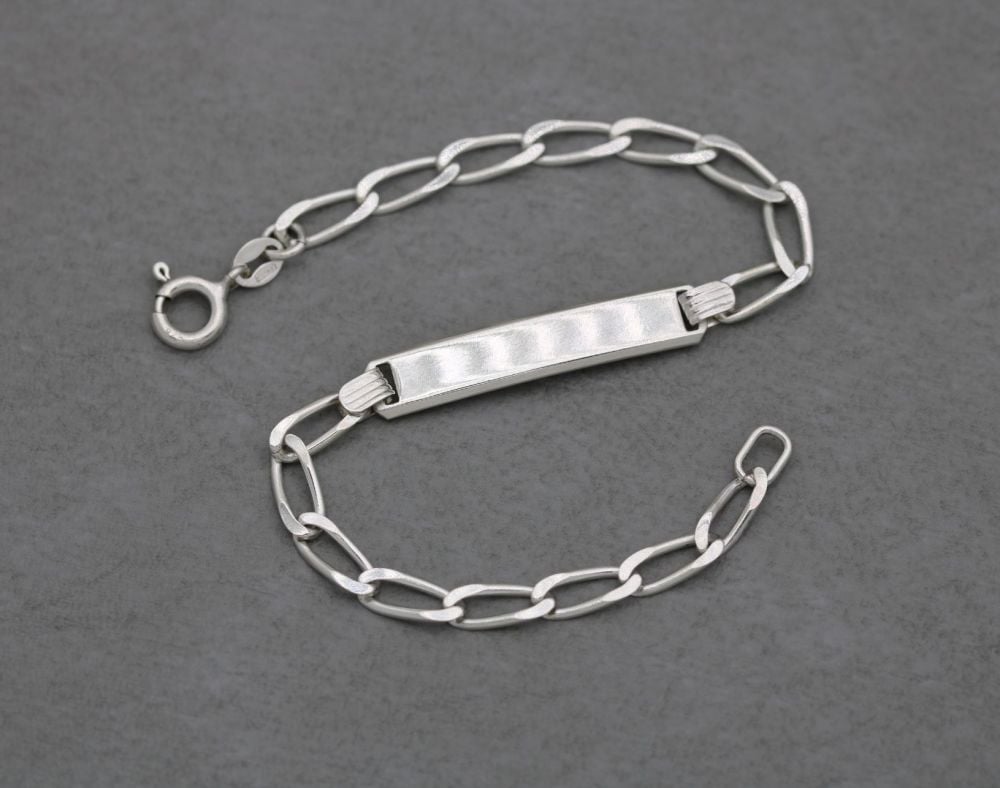 Sterling silver elongated curb chain identity bracelet