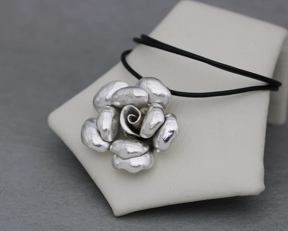 REFURBISHED Large three-dimensional sterling silver rose pendant on a black leather thong chain