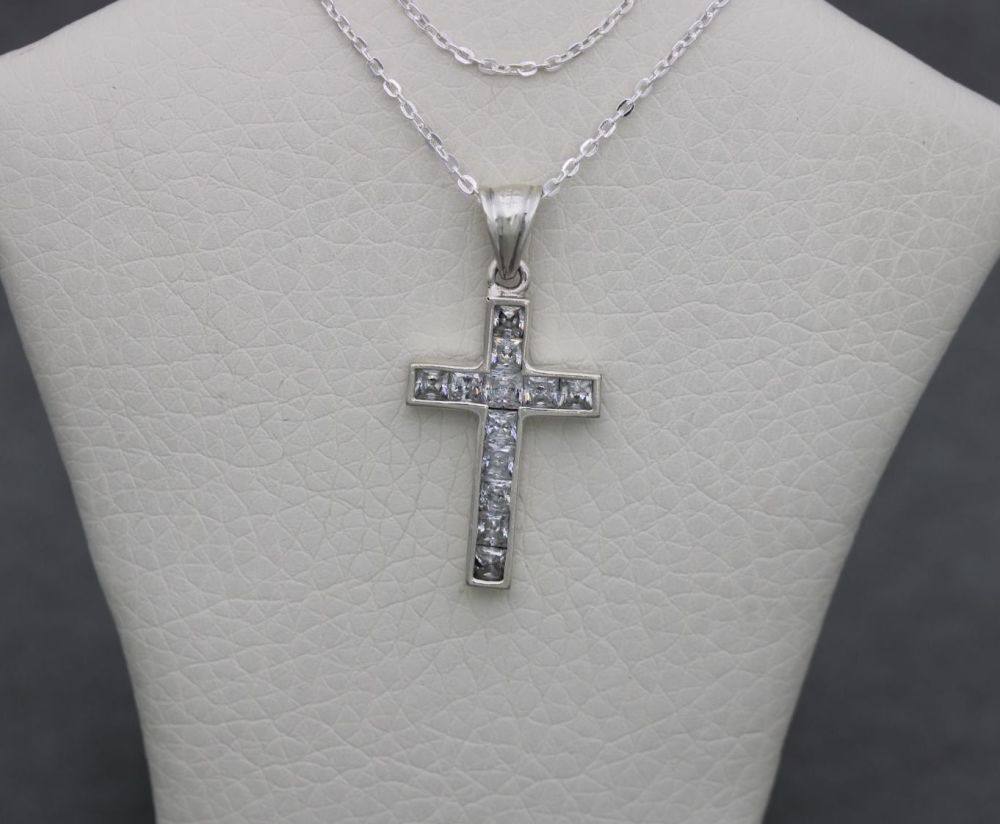 Small sterling silver & clear stone cross necklace