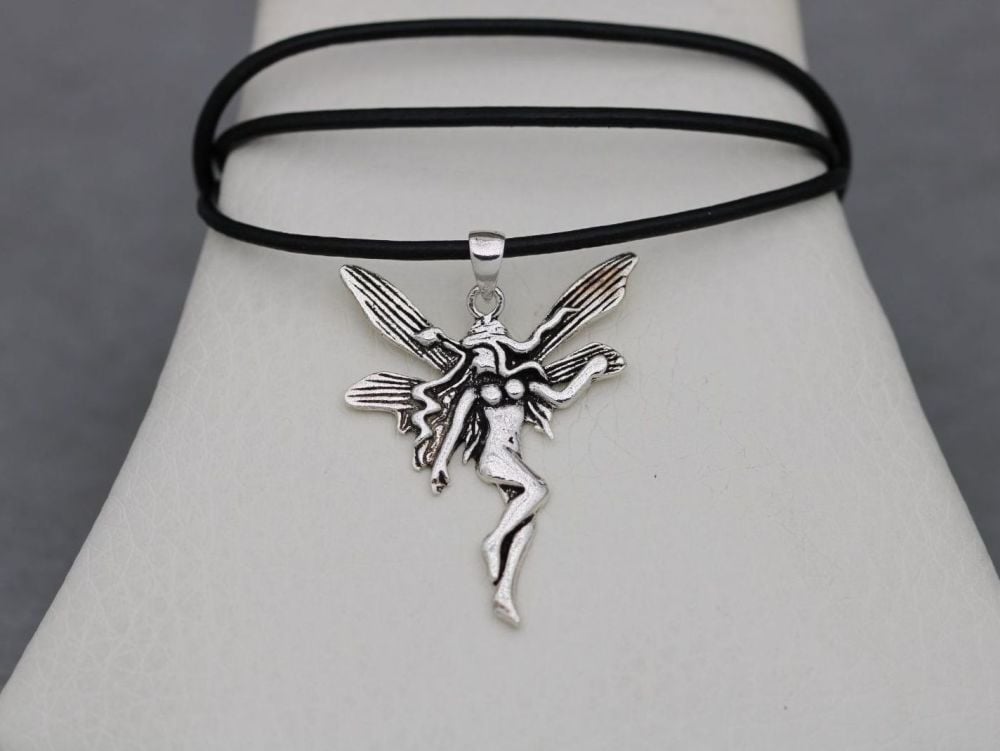 NEW Sterling silver & black leather thong fairy necklace