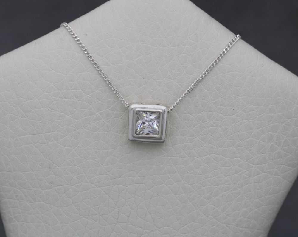 Small square sterling silver & clear stone solitaire necklace