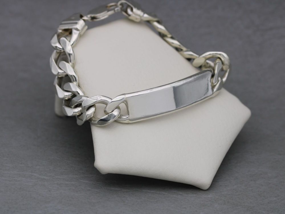 Heavy sterling silver curb chain identity bracelet