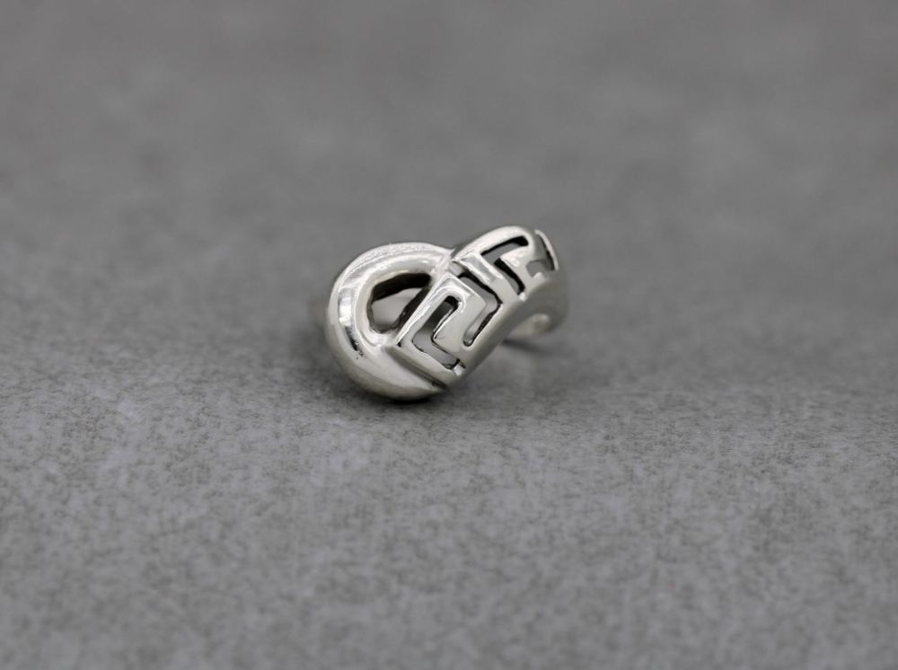 Unusual asymmetric sterling silver ring with a Greek key pattern (L)