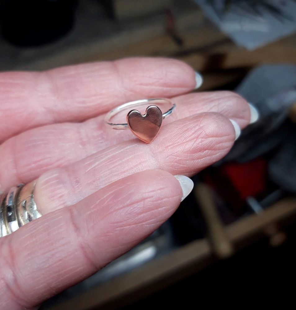 HANDMADE Sterling silver & copper heart ring