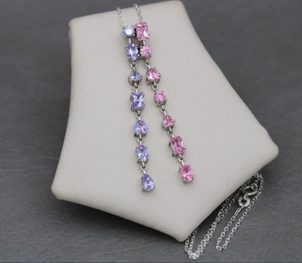 REFURBISHED Sterling silver necklace with a long pink & purple stoned pendant