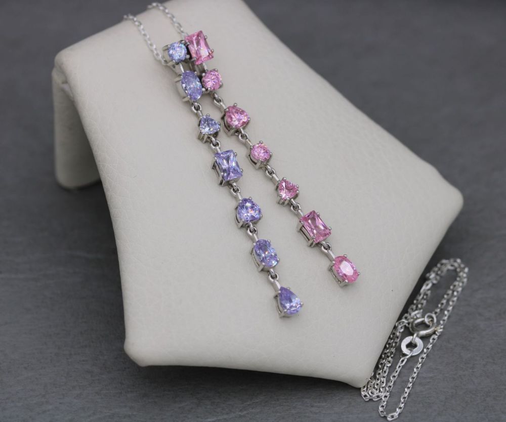 REFURBISHED Sterling silver necklace with a long pink & purple stoned pendant